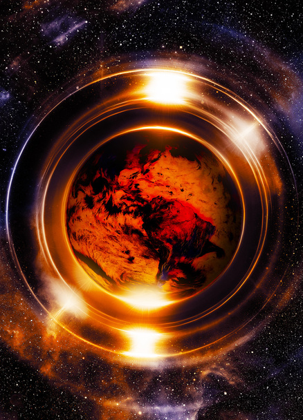 Planeta Země v světelném kruhu, vesmírné pozadí. Počítačová koláž. Pozemský koncept. Prvky tohoto snímku poskytla NASA - Fotografie, Obrázek