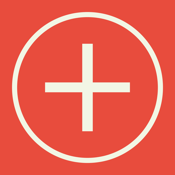 Plus pictogram, op rode achtergrond, witte cirkel grens, witte contouren - Vector, afbeelding