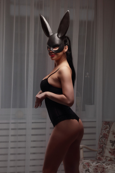 brunette woman with sexy lingerie and fluffy bunny ears - Photo, Image