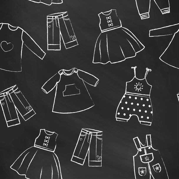 Seamless pattern black chalk board with white cute dresses for the little girl. Collection of clothing in a linear style for the child. Hand-drawn style. Seamless vector wallpaper - Vektör, Görsel