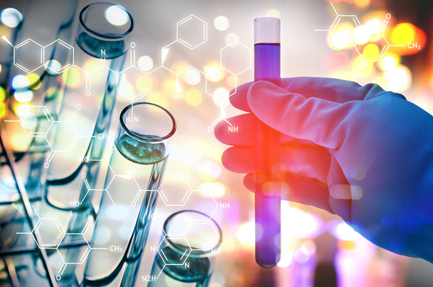 Double exposure of scientist hand holding laboratory test tube - Zdjęcie, obraz