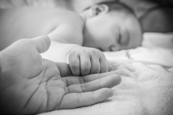 mão bebê asiático na mão adulta
 - Foto, Imagem
