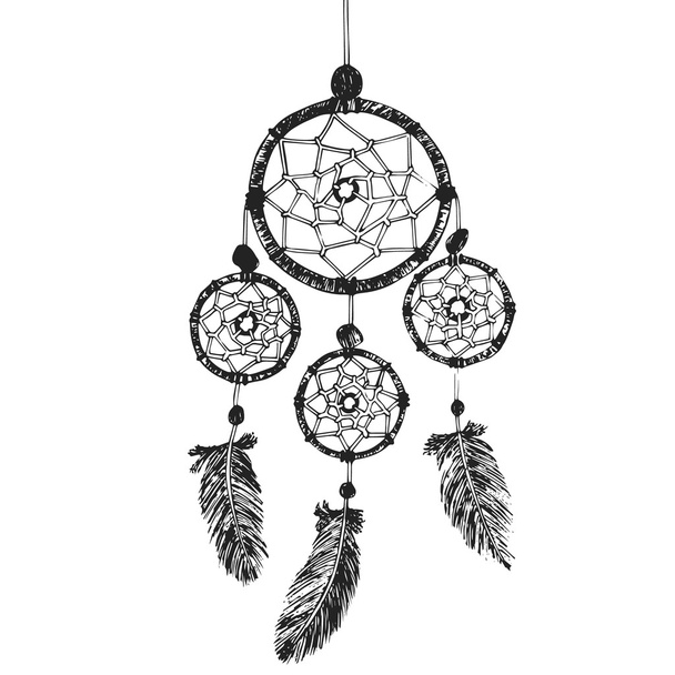 Ręcznie rysowane z atramentem Dreamcatcher z piórami. Etniczne ilustracji, Tribal, American Indian symbol tradycyjny. - Wektor, obraz
