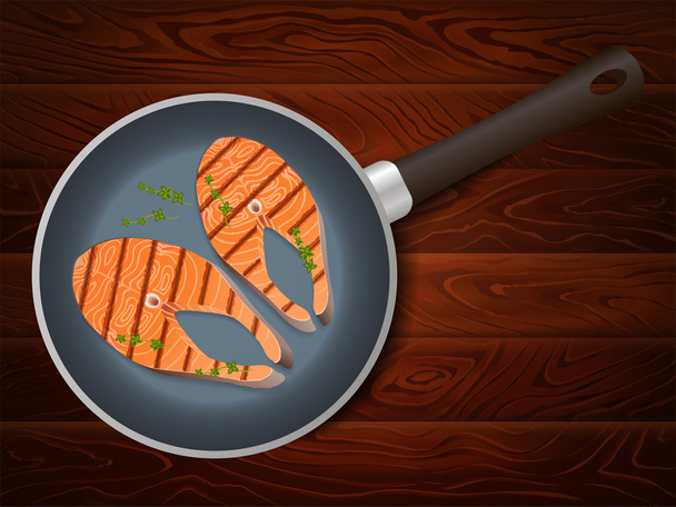 FRYING PAN SALMON STEAKS THYME WOODEN TABLE - Vector, Image