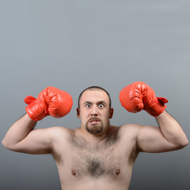 Portrait of funny fat boxer against gray background - Fotoğraf, Görsel