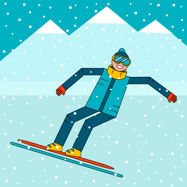 Niño feliz snowboarder saltando en una tabla de snowboard. Montaña de nieve paisaje. Deportes extremos de invierno. Ilustración vectorial
. - Vector, imagen