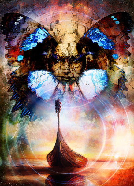 Богиня Женщина и восточная декоративная мандала с бабочкой и лодкой. Картина коллаж
. - Фото, изображение