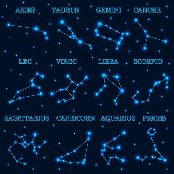 Collectie van 12 Zodiac sterrenbeelden op ruimte en sterren achtergrond. Vector illustratie. - Vector, afbeelding