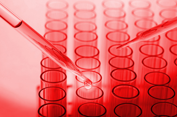 tubos de ensayo de laboratorio científico en tono rojo
 - Foto, Imagen