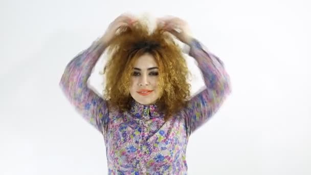 Woman Playing with Her Curly Red (Ginger) white background - Footage, Video