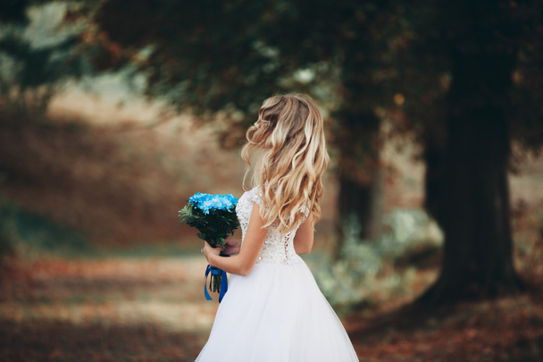 Luxuty portrait of blonde bride with bridal bouquet in autumn - Photo, Image