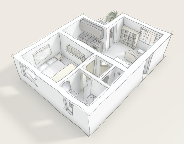 3D illustratie schets van interieur appartement met meubilair - Foto, afbeelding