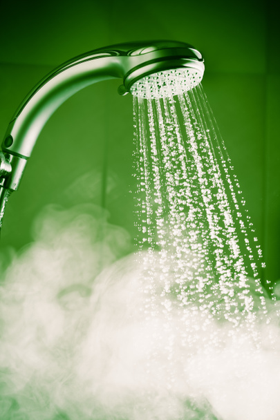 shower with water and steam, green tone - Foto, afbeelding