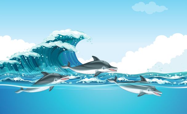 Дельфины, плавающие под океаном
 - Вектор,изображение
