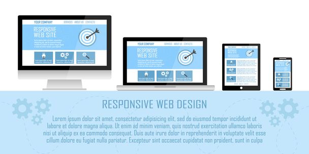 Responsive Web Site Design flaches Konzept in elektronischen Geräten: Computer, Laptop, Tablet, Handy.  - Vektor, Bild