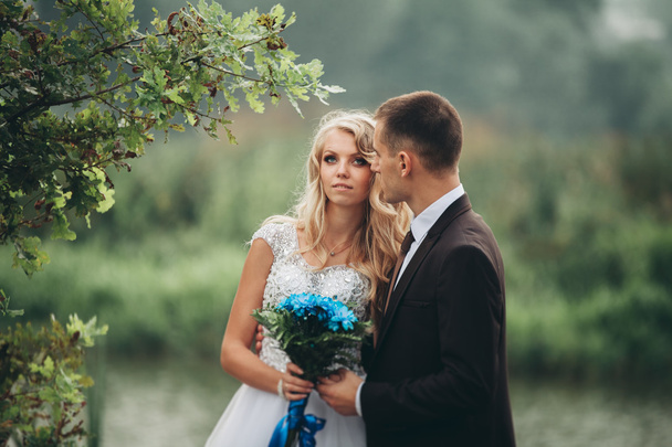 Romantic wedding couple, man and wife, posing near beautiful lake - Foto, Bild
