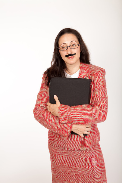 Funny businesswoam with fake mustache - Zdjęcie, obraz