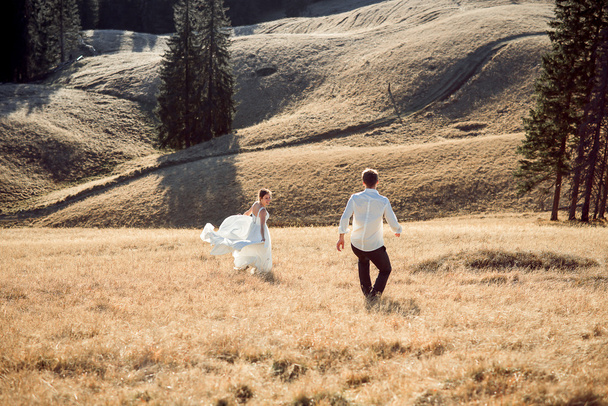 Wedding couple running on the field. Sunny day in mountains - 写真・画像