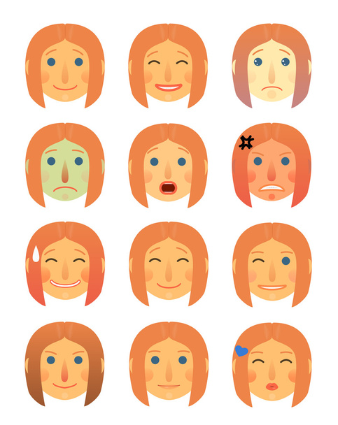 Mädchen oder Frau verschiedene Gesichtsemotionen Sammlung Cartoon flach - emoji emoticon icon illustration set. Gesicht auf weißem Hintergrund, isoliert. - Vektor, Bild