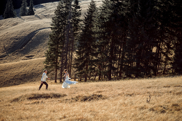 Wedding couple running on the field. Sunny day in mountains - Fotografie, Obrázek