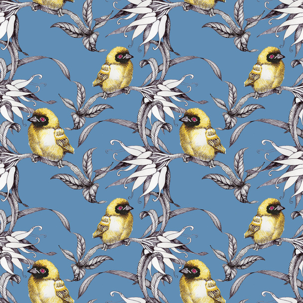 Seamless pattern with birds on twigs - Foto, Imagem