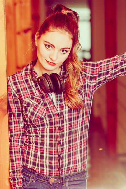 girl with headphones standing - Photo, Image