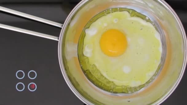 Felülnézete egy tojást a serpenyőben sütés. A nagyítás. - Felvétel, videó