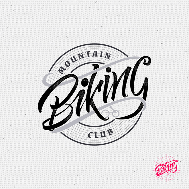 Mountain biking sign  handmade differences, made using calligraphy and lettering It can be used as insignia badge logo design cycling sports club - Vector, Image