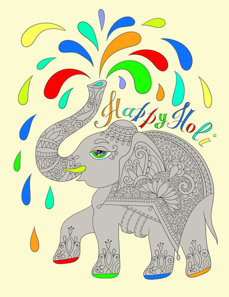 original greeting card Happy Holi design with elephant - Vektor, kép
