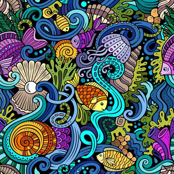 Κινούμενα σχέδια, doodles κάτω από το νερό χωρίς ραφή πρότυπο ζωής - Διάνυσμα, εικόνα