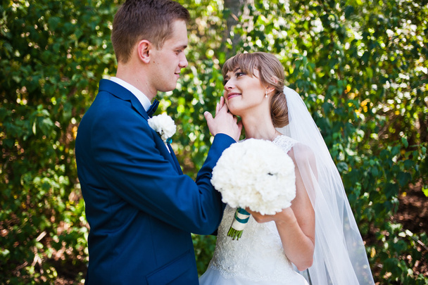 Lovely wedding couple at sunny day on pine wood forest - Foto, afbeelding