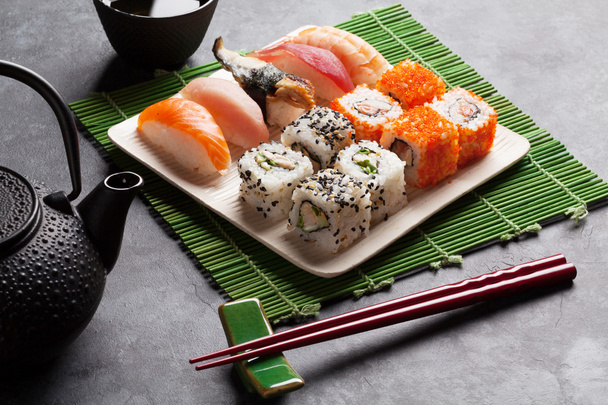 Set of sushi, maki and green tea - Photo, Image