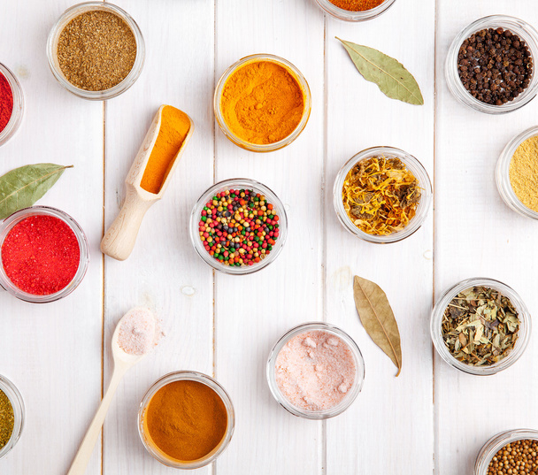 Spices on white wooden background. Food - Photo, image