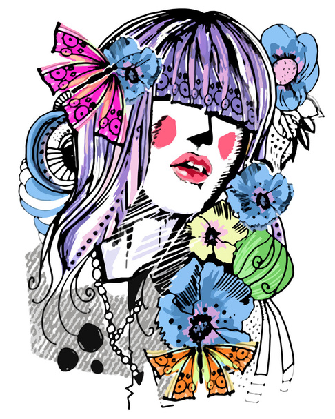 Girl with flowers - Vector, Image