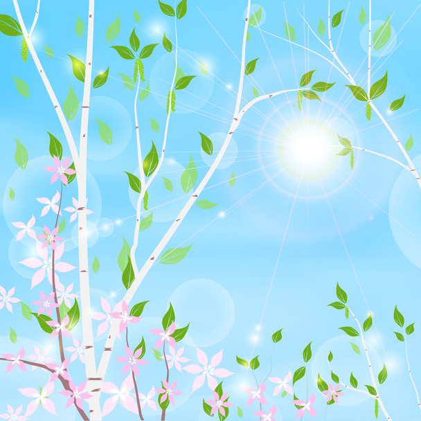 spring background - green trees, pink flowers and sun on blue sky background, vector illustration - Vector, Imagen