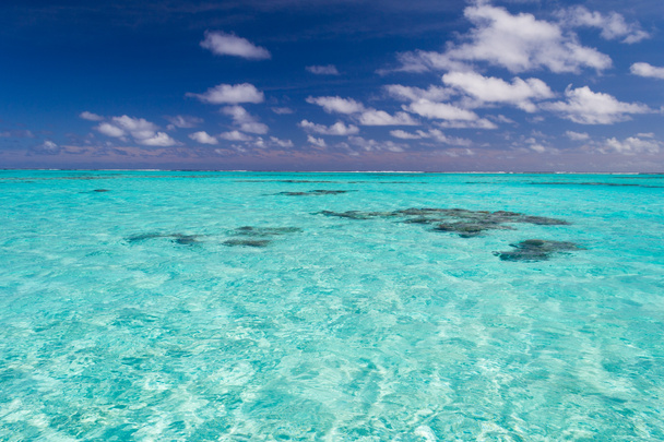 青緑色の透明な水、クック諸島の浅い珊瑚礁域 - 写真・画像
