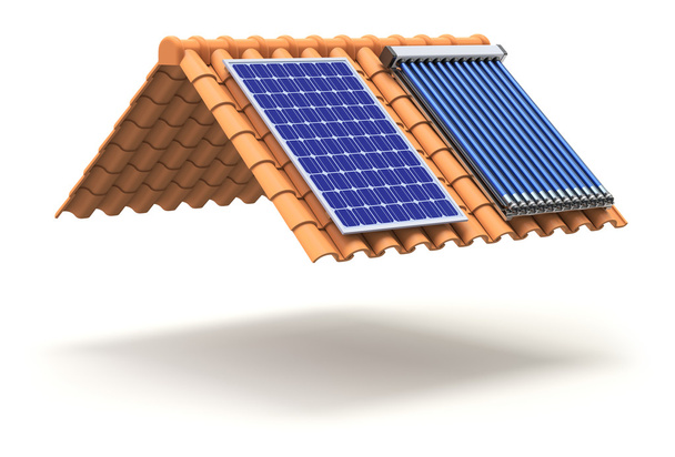 太陽電池パネルと屋根の上太陽ヒーター - 写真・画像
