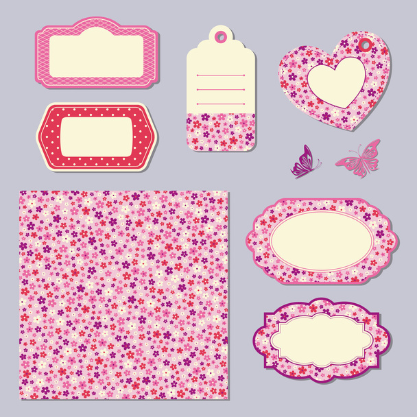 set with floral seamless pattern and labels - Vector, Image