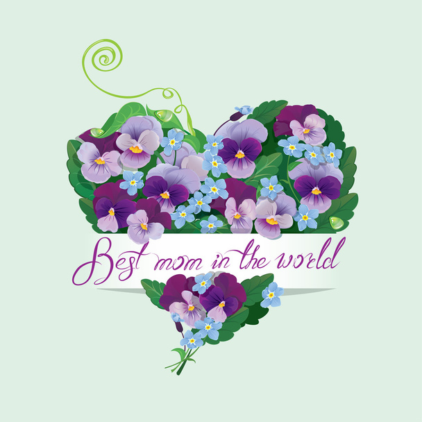 Heart shape is made of beautiful flowers - pansy and forget me n - Vector, Image