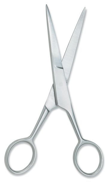 Вид сверху на пару хромированных ножниц, изолированных на белом b
 - Фото, изображение