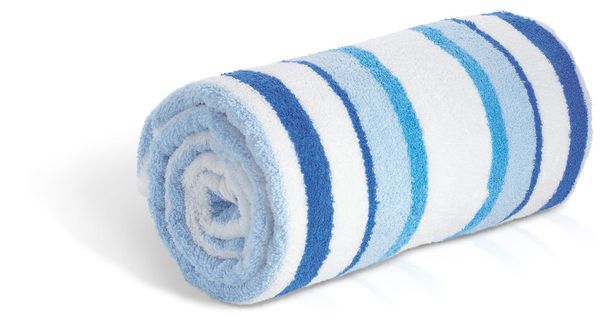 A rolled up blue and white seaside beach towel isolated on a wh - Photo, Image