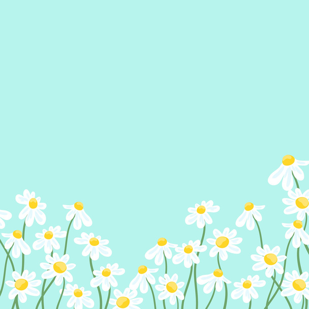 Greeting card with a blue background with white cartoon daisies on green stems - Vector, imagen