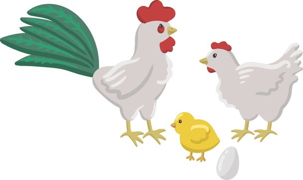 İzole komik çizilmiş mutlu beyaz horoz kırmızı cockscomb ve yeşil kuyruk, kırmızı cockscomb ile beyaz tavuk, sevimli sarı civciv ve taze bir yumurta - Vektör, Görsel