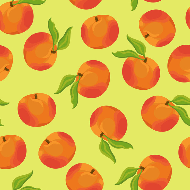 Fundo sem costura com um padrão de delicioso pêssego de laranja maduro fresco e folhas verdes
 - Vetor, Imagem