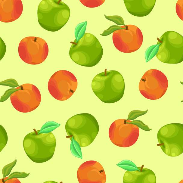 Bezszwowe tło z wzorem pysznego świeżego, dojrzałego pomarańczowego brzoskwini i zielonego jabłka z liśćmi - Wektor, obraz