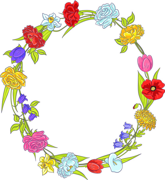カーネーション、カラ、ベルフラワー、ポピー、水仙、菊、バラ、ピオニー、チューリップの花輪を持つ背景 - ベクター画像