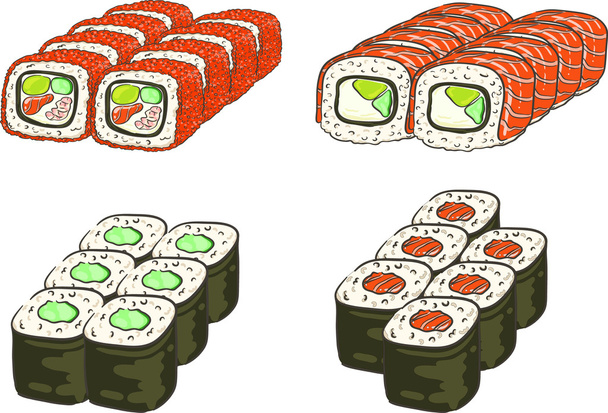 Philadelphia roll, California roll, sushi roll com salmão, nori e arroz, sushi roll com pepino, nori e arroz. Conjunto isolado
 - Vetor, Imagem