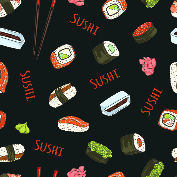 Seamless pattern of Philadelphia, California roll with caviar, crab, avocado, cucumber, salmon, sushi with wakame, eel, red caviar, shrimp, soy sauce, chopsticks, wasabi, pickled ginger - Vector, imagen