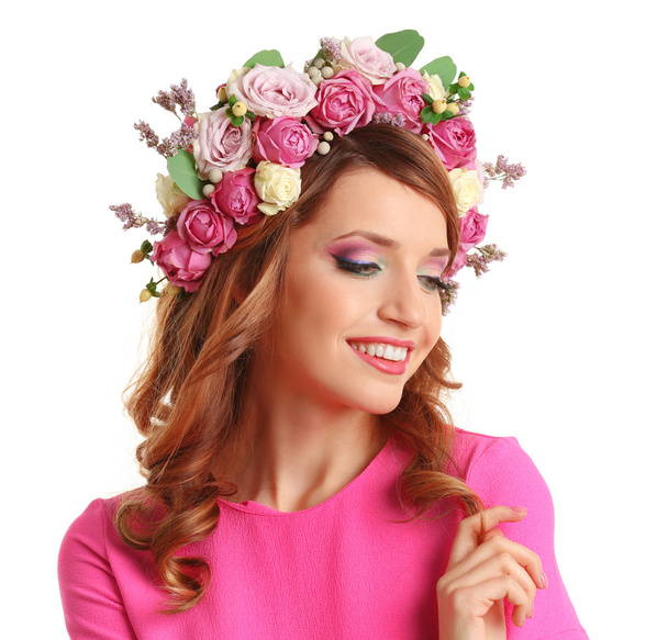 Beautiful young woman wearing floral headband isolated on white background - Valokuva, kuva