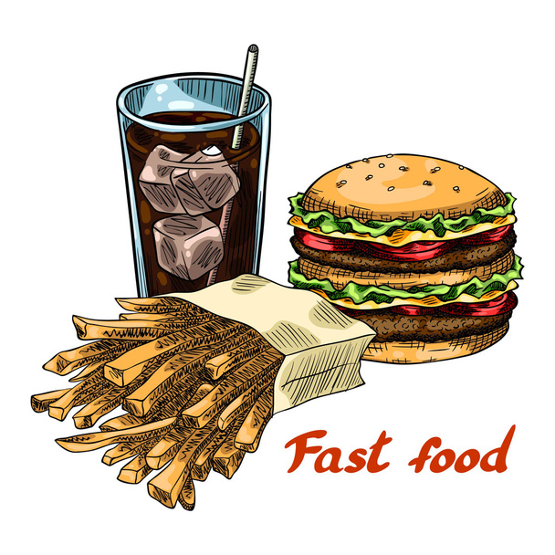 Fast food. Hamburger, sült krumpli, üdítő - Vektor, kép